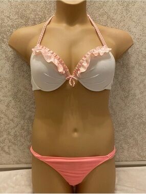 Victoria's Secret White & Peach Ruffle Halter Bikini Set